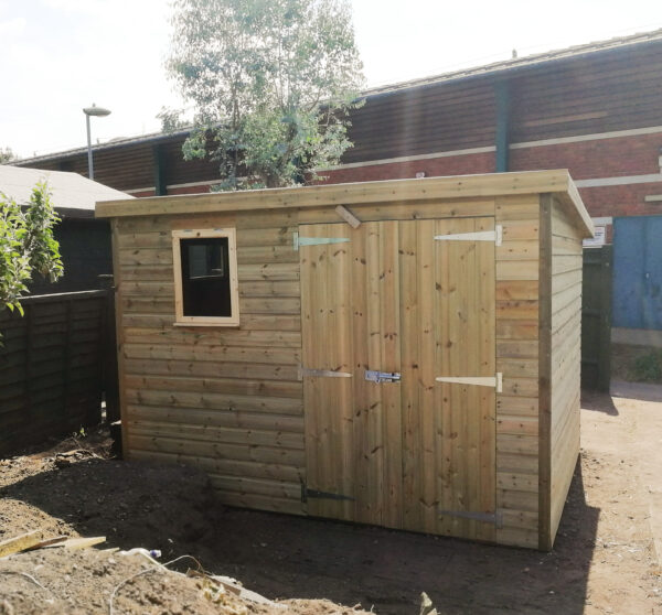 double doored small rectangular wooden shed with a pent roof