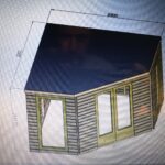 a CAD drawing design of a timber summer house with pent roof and five sides
