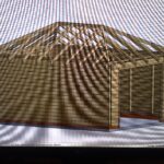 a CAD drawing of a timber garage showing complete sides but only the struts of the roof